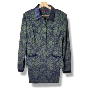 Vintage 90s Simon Chang Skirt Suit Brocade Faux Leather Trim Womens Size 10